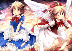 Rule 34 | 2girls, ;o, ;p, ahoge, apron, blonde hair, blush, bow, feathers, female focus, gengetsu (touhou), hair bow, index finger raised, looking at viewer, maid, maid apron, maid headdress, mugetsu (touhou), multiple girls, one eye closed, pantyhose, red bow, short hair, siblings, sisters, smile, sui. (ayase), tongue, tongue out, touhou, touhou (pc-98), waist apron, white legwear, white wings, wings, wink, wrist cuffs, yellow eyes