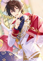 Rule 34 | 1boy, black hair, blurry, blurry background, buttons, collared shirt, commentary, ensemble stars!, finger to mouth, hair between eyes, index finger raised, lapels, long sleeves, male focus, official alternate costume, open mouth, red eyes, sakuma ritsu, seuga, shirt, short hair, solo, stained glass
