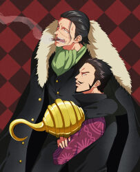 Rule 34 | 2boys, arm on another&#039;s shoulder, ascot, black coat, black hair, coat, coat on shoulders, commentary request, crocodile (one piece), crossed arms, dracule mihawk, facial hair, fur-trimmed coat, fur trim, green ascot, hair slicked back, highres, hook hand, kafuyutns, looking up, male focus, multiple boys, mustache, no headwear, one piece, profile, short hair, sideburns, smoke, stitched face, stitches, waistcoat