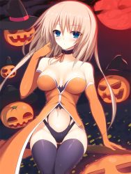 Rule 34 | 1girl, bad id, bad pixiv id, black thighhighs, blonde hair, blue eyes, blush, breasts, brown hair, choker, elbow gloves, full moon, gloves, halloween, hat, jack-o&#039;-lantern, long hair, looking at viewer, moon, navel, orange theme, original, outline, red moon, ribbon choker, shikano sumiaki, solo, thighhighs, witch hat