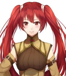 Rule 34 | 1girl, blush, fire emblem, fire emblem awakening, fire emblem fates, hair between eyes, jurge, long hair, looking at viewer, nintendo, red eyes, red hair, selena (fire emblem fates), severa (fire emblem), simple background, smile, solo, twintails, upper body, very long hair, white background