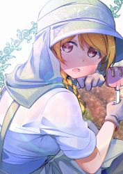 Rule 34 | 1girl, alternate hair length, alternate hairstyle, apron, blush, bra tug, braid, bralines, brown eyes, brown hair, embarrassed, garden, gardening, gloves, hat, kneeling, koizumi hanayo, long hair, looking at viewer, love live!, love live! school idol project, open mouth, repunit, see-through, shade, shaded face, shirt, solo, surprised, sweat, sweaty clothes, swept bangs, white shirt