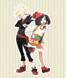 Rule 34 | 1boy, 1girl, bag, beanie, black hair, black pants, blonde hair, blue eyes, commentary request, creatures (company), from side, game freak, gladion (pokemon), green eyes, green shorts, hair over one eye, handbag, hat, highres, holding, holding poke ball, hood, hoodie, leg up, long sleeves, looking to the side, miu (miuuu 721), nintendo, open mouth, pants, poke ball, pokemon, pokemon sm, red headwear, selene (pokemon), short hair, short sleeves, shorts, torn clothes, torn pants