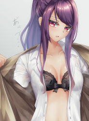 Rule 34 | 1girl, absurdres, bad id, bad pixiv id, black bra, bra, breasts, cleavage, collarbone, collared shirt, dress shirt, earrings, grey background, gundou mirei, gundou mirei (1st costume), highres, jewelry, lace, lace-trimmed bra, lace trim, long hair, nijisanji, open clothes, open mouth, open shirt, ponytail, purple hair, rai (newtype xm-x1), red eyes, shirt, sidelocks, small breasts, solo, swept bangs, unbuttoned, unbuttoned shirt, underwear, undressing, upper body, very long hair, virtual youtuber, white shirt, wing collar