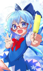 Rule 34 | 1girl, absurdres, ahoge, blue dress, blue eyes, blue hair, blush stickers, bow, cirno, drawdream1025, dress, fairy wings, flat chest, food, glasses, hair bow, highres, holding, holding food, ice, ice cream, ice wings, looking at viewer, open mouth, popsicle, red bow, short hair, simple background, snowflakes, touhou, wings