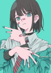 Rule 34 | 1girl, bandaid, bandaid on face, bandaid on hand, bandaid on nose, black collar, blue eyes, blue nails, bob cut, brown hair, clenched teeth, collar, collared shirt, earrings, green background, green jacket, green theme, haku geroda, jacket, jewelry, long bangs, long sleeves, looking at viewer, medium hair, nail polish, necktie, off shoulder, open clothes, open jacket, open mouth, original, red necktie, school uniform, shirt, sidelocks, simple background, sleeve cuffs, solo, striped necktie, teeth, upper body, v, white shirt, wing collar
