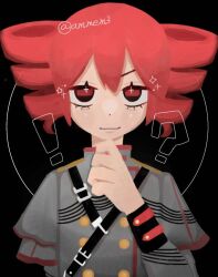 Rule 34 | !?, 1girl, black background, buttons, closed mouth, double-breasted, drill hair, grey jacket, hand on own chin, hand up, jacket, kasane teto, kasane teto (sv), long sleeves, looking at viewer, neko (am me m3), red eyes, red hair, shoulder belt, solo, sparkle, straight-on, synthesizer v, twin drills, twitter username, upper body, utau, watermark