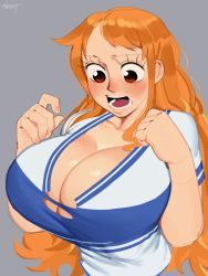 Rule 34 | 1girl, absurdres, blue shirt, breasts, cleavage, grey background, highres, huge breasts, long hair, looking down, nami (one piece), nezulet, one piece, orange hair, shirt, standing, striped clothes, striped shirt, torn clothes, upper body, wardrobe malfunction, white shirt