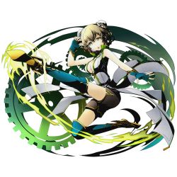 Rule 34 | 10s, 1girl, alpha transparency, amane suzuha, black shorts, blue gloves, blue thighhighs, braid, breasts, brown eyes, brown hair, cleavage, divine gate, fingerless gloves, full body, gloves, large breasts, looking at viewer, official art, open mouth, shadow, short hair, shorts, sleeveless, solo, steins;gate, tabard, thighhighs, transparent background, twin braids, ucmm, unzipped