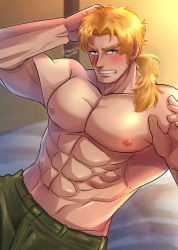 Rule 34 | 1boy, abs, absurdres, arm behind head, bed, blonde hair, blush, clenched teeth, commentary request, commission, cowboy shot, cropped, dated, facial scar, green eyes, green pants, hand up, highres, kageru (mofnyan), looking at viewer, male focus, mature male, muscular, muscular male, nervous, nipples, on bed, original, pants, parted bangs, scar, scar on cheek, scar on face, sideburns, signature, sitting, skeb commission, solo, teeth, topless male