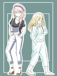 Rule 34 | 2girls, absurdres, alternate hairstyle, beret, black shirt, blonde hair, blue eyes, brown eyes, cup, erable, full body, fullmetal alchemist, glasses, green background, green shirt, hand in pocket, hat, high heels, highres, holding, holding cup, jewelry, long hair, low-cut, low-tied long hair, multiple girls, necklace, overalls, riza hawkeye, shirt, shoes, short hair, swept bangs, v-neck, watch, white footwear, winry rockbell, wristwatch