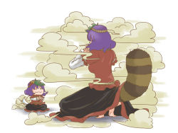Rule 34 | 2girls, :3, chibi, cosplay, disguise, from behind, futatsuiwa mamizou, hair ornament, leaf, leaf hair ornament, leaf on head, mabui, multiple girls, object on head, own hands clasped, own hands together, purple hair, raccoon tail, rope, snake tail, squatting, tail, touhou, yasaka kanako, yasaka kanako (cosplay)