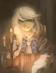 Rule 34 | 1girl, arm support, blonde hair, candle, dark, elbow rest, glowing, green eyes, highres, mizuhashi parsee, nurupo (abooon), pointy ears, scarf, solo, touhou
