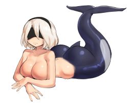 Rule 34 | 1girl, 2b (nier:automata), ass, borvar, breasts, closed eyes, covered, fins, fish tail, hand on own chest, headband, higher resolution available, highres, large breasts, mermaid, monster girl, monsterification, nier:automata, nier (series), tail, white background, white hair