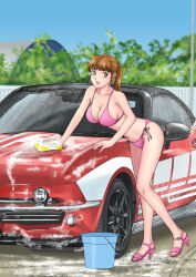 1girl bakuage_sentai_boonboomger big_breasts bikini breasts brown_eyes brown_hair car_wash cleavage high_heels iwa shifuto_mira super_sentai swimsuit