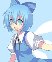Rule 34 | 1girl, :d, black ribbon, blue background, blue bow, blue dress, blue eyes, blue hair, blush, bow, cirno, collared shirt, dress, female focus, hair between eyes, harano, looking at viewer, matching hair/eyes, neck ribbon, open mouth, puffy short sleeves, puffy sleeves, ribbon, shirt, short hair, short sleeves, simple background, smile, solo, touhou, white shirt, wings