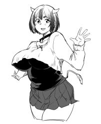 Rule 34 | 1girl, :d, breasts, cow horns, cow tail, fukumaaya, greyscale, horns, large breasts, long sleeves, miniskirt, monochrome, monster girl, multicolored hair, open mouth, pleated skirt, short hair, simple background, skirt, sleeves past wrists, smile, solo, tail, two-tone hair, white background
