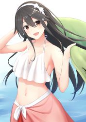 Rule 34 | 1girl, :d, akahi242, alternate costume, bare shoulders, bikini, bikini top only, breasts, cleavage, collarbone, green towel, grey hair, hair between eyes, hair ornament, hairband, hairclip, haruna (kancolle), highres, holding, holding towel, kantai collection, large breasts, long hair, looking at viewer, midriff, navel, open mouth, smile, solo, swimsuit, towel, white bikini, white hairband