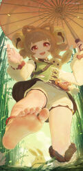 Rule 34 | 1girl, anklet, bamboo, bamboo forest, barefoot, bell, brown hair, child, feet, foot focus, forest, genshin impact, highres, holding, holding umbrella, icecake, jewelry, looking at viewer, nature, open mouth, red eyes, shoes, single shoe, soles, solo, teeth, toes, umbrella, upper teeth only, yaoyao (genshin impact)