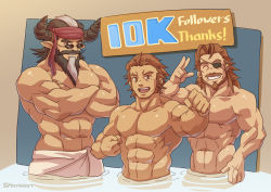 Rule 34 | 3boys, abs, animal ears, anntee, bara, bare pectorals, beard, character request, cow boy, cow ears, cow horns, crossed arms, dark-skinned male, dark skin, draph, eyepatch, facial hair, headband, horns, long beard, long sideburns, looking at viewer, male focus, mature male, milestone celebration, multiple boys, muscular, muscular male, mustache, naked towel, navel, old, old man, pectorals, redluck, short hair, sideburns, stomach, towel, upper body, v