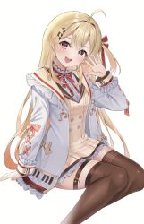 Rule 34 | 1girl, :d, ahoge, blonde hair, blush, brown dress, brown thighhighs, commentary, double-parted bangs, dress, feet out of frame, fortissimo, frilled dress, frilled jacket, frills, hair between eyes, hair ornament, hair ribbon, highres, hololive, hololive dev is, jacket, legs together, long hair, looking at viewer, musical note, musical note hair ornament, neck ribbon, one side up, open clothes, open jacket, open mouth, otonose kanade, piano keys, piano print, plaid, plaid dress, red eyes, red ribbon, ribbon, sailor collar, short dress, simple background, sitting, smile, solo, teeth, thigh strap, thighhighs, upper teeth only, virtual youtuber, waving, white background, white jacket, yoshidadon