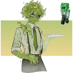 Rule 34 | 1boy, animification, colored skin, dream smp, glasses, green hair, green skin, green theme, highres, holding, holding plate, in nyeo, minecraft, monster boy, necktie, pants, plate, shirt, short hair, slime (substance), slime boy, slimecicle, solo, suspenders