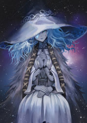 Rule 34 | 1girl, blue skin, cloak, cloak fur, colored skin, cracked skin, doll joints, dress, elden ring, extra arms, extra faces, fur cloak, hat, highres, jewelry, joints, long hair, looking at viewer, natsugou shinogi, ranni the witch, ring, sitting, solo, wavy hair, white dress, white hat, witch hat