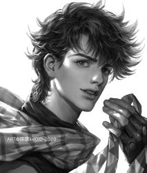 Rule 34 | 1boy, battle tendency, fingerless gloves, gloves, greyscale, jojo no kimyou na bouken, joseph joestar, joseph joestar (young), kdash, looking at viewer, male focus, monochrome, portrait, scarf, simple background, solo, striped, striped clothes, striped scarf, upper body, watermark, white background