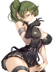 Rule 34 | 1girl, bare shoulders, belt, black belt, black choker, black footwear, black gloves, black skirt, boots, breasts, choker, cleavage, contrapposto, fumio (rsqkr), gloves, green hair, halterneck, highres, large breasts, long hair, looking at viewer, miniskirt, pleated skirt, purple eyes, side ponytail, simple background, single glove, skirt, smile, solo, sousou no frieren, thigh strap, thighs, ubel (sousou no frieren), white background