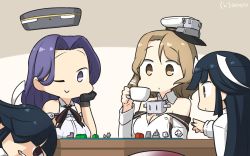 Rule 34 | 4girls, arm at side, black hair, board game, bow, bowtie, breasts, brown eyes, commentary request, cup, detached sleeves, dual persona, from side, hair over one eye, halo, halterneck, hamu koutarou, hat, hayashimo (kancolle), highres, hime cut, houston (kancolle), indoors, kantai collection, large breasts, light brown hair, long hair, mechanical halo, military, military uniform, monopoly, multiple girls, naval uniform, one-hour drawing challenge, one eye closed, open mouth, peaked cap, purple eyes, purple hair, school uniform, shirt, short hair, sitting, smile, table, tatsuta (kancolle), teacup, uniform, very long hair, white headwear, white shirt