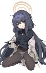 Rule 34 | arm support, bags under eyes, black eyes, black hair, black pantyhose, black shirt, blue archive, breasts, cardigan, cardigan partially removed, clothes lift, full body, grey cardigan, hairband, half-closed eyes, halo, highres, jewelry, karon, long hair, long sleeves, looking at viewer, low twintails, messy hair, nervous, open cardigan, open clothes, panties, panties under pantyhose, pantyhose, pendant, purple hairband, shirt, shirt lift, sidelocks, simple background, small breasts, squatting, sweat, turtleneck, twintails, ui (blue archive), underwear, very long hair, wavy mouth, white background