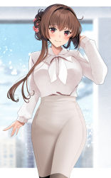 Rule 34 | 1girl, absurdres, alternate costume, alternate hairstyle, blush, breasts, brown eyes, brown hair, closed mouth, flower, hair between eyes, hair flower, hair ornament, highres, kantai collection, large breasts, long hair, long sleeves, office lady, pencil skirt, pink flower, shirt, skirt, smile, solo, very long hair, white shirt, white skirt, yamato (kancolle), yunamaro