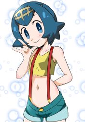 Rule 34 | 1girl, blue eyes, blue hair, closed mouth, cosplay, creatures (company), denim, game freak, hainchu, hairband, jeans, lana (pokemon), looking at viewer, misty (pokemon), misty (pokemon) (cosplay), navel, nintendo, pants, pokemon, pokemon (anime), pokemon (classic anime), pokemon sm (anime), short hair, shorts, simple background, smile, solo, suspenders