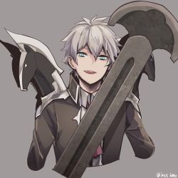 Rule 34 | 1boy, blue eyes, charles-henri sanson (fate), fate/grand order, fate (series), grey background, grey hair, jest ht90, looking at viewer, male focus, solo, sword, twitter username, upper body, weapon