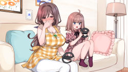 Rule 34 | 2girls, absurdres, age difference, ahoge, apron, bekotarou, blue eyes, blush, breasts, brown eyes, brown hair, checkered apron, checkered clothes, cleavage, controller, couch, covering own mouth, covering privates, drawing (object), dress, embarrassed, feet, female focus, frilled pillow, frills, hands up, highres, holding, holding controller, indoors, large breasts, legs, long hair, looking away, looking down, low ponytail, mankai kaika, mature female, medium hair, mother and daughter, multiple girls, nose blush, open mouth, original, pillow, playing games, sex toy, sitting, socks, thighs, vibrator, vibrator under clothes