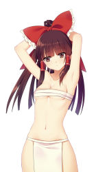 Rule 34 | 1girl, armpits, arms behind head, arms up, bare shoulders, blush, bow, breasts, brown eyes, brown hair, budget sarashi, cleavage, collarbone, frilled bow, frills, hair bow, hair tubes, hakurei reimu, loincloth, long hair, looking at viewer, matching hair/eyes, midriff, navel, pelvic curtain, philomelalilium, red bow, sarashi, sidelocks, simple background, skindentation, small breasts, solo, stomach, touhou, upper body, white background