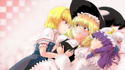 Rule 34 | 3girls, alice margatroid, blonde hair, book, braid, grabbing another&#039;s breast, breasts, dress, female focus, girl sandwich, grabbing, hairband, hat, highres, hug, jealous, kirisame marisa, lying, multiple girls, novastrike, on back, on side, patchouli knowledge, purple eyes, purple hair, red eyes, sandwiched, short hair, touhou, witch, witch hat, you gonna get raped, yuri
