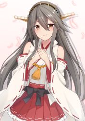 Rule 34 | 1girl, akahi242, black hair, brown eyes, commentary request, detached sleeves, dress, feathers, hair ornament, hairband, hairclip, hands on own chest, haruna (kancolle), haruna kai ni (kancolle), headgear, highres, japanese clothes, kantai collection, long hair, pleated dress, popped collar, red skirt, ribbon-trimmed sleeves, ribbon trim, skirt, solo