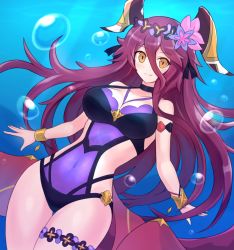 Rule 34 | 1girl, bare shoulders, blush, bracelet, breasts, bubble, covered navel, dragalia lost, fang, flower, hair between eyes, hair flower, hair ornament, horns, jewelry, large breasts, long hair, looking at viewer, mym (dragalia lost), one-piece swimsuit, red hair, skin fang, solo, suta (clusta), swimsuit, underwater, very long hair, yellow eyes