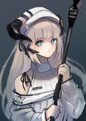 Rule 34 | 1girl, arknights, blonde hair, blue background, blue eyes, blunt bangs, closed mouth, commentary, demon horns, expressionless, hair ribbon, highres, holding, holding staff, horns, jacket, long hair, looking at viewer, nightingale (arknights), ribbed sweater, ribbon, shimasato, simple background, solo, staff, straight hair, sweater, turtleneck, turtleneck sweater, upper body, white headwear, white jacket, white sweater