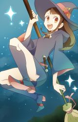 Rule 34 | 10s, 1girl, bad id, bad pixiv id, boots, broom, broom riding, brown hair, hat, highres, kagari atsuko, little witch academia, long hair, open mouth, witch, witch hat
