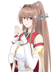 Rule 34 | 1girl, brown eyes, brown hair, cherry blossoms, coat, collar, commentary request, hair intakes, hair ornament, headgear, kantai collection, long hair, looking at viewer, metal collar, own hands together, pleated skirt, ponytail, sidelocks, simple background, skirt, solo, takase asagiri, upper body, white background, white coat, white skirt, yamato (kancolle), yamato kai ni (kancolle)