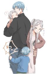 Rule 34 | 2boys, 2girls, baby, black sweater, blue dress, blue hair, blue pants, blue shirt, blush, cardigan, carrying, caught, child, child carry, closed eyes, dress, earrings, elf, facing another, family, frieren, grey hair, haduki055, hair over shoulder, hiding, hiding behind another, highres, himmel (sousou no frieren), if they mated, jewelry, leaning forward, long hair, long sleeves, looking at viewer, looking back, mole, mole under eye, multiple boys, multiple girls, pants, parted bangs, pointy ears, shirt, short hair, sideways glance, simple background, sketch, sleeping, smile, smirk, sousou no frieren, standing, surprised, sweater, turtleneck, turtleneck sweater, twintails, white background, white dress