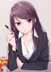 Rule 34 | 1girl, black jacket, breasts, brown hair, cleavage, collarbone, collared shirt, dress shirt, gundou mirei, hair between eyes, highres, hijiki (hijikini), holding, jacket, long hair, long sleeves, looking at viewer, nail polish, nijisanji, open clothes, open jacket, parted lips, partially unbuttoned, pink nails, red eyes, shirt, simple background, sketch, solo, straight hair, striped, swept bangs, tagme, vertical stripes, very long hair, virtual youtuber, white shirt, wing collar