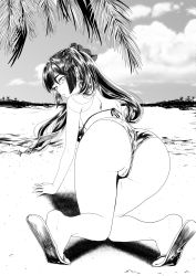 Rule 34 | 1girl, absurdres, all fours, ass, beach, bikini, cloud, earrings, feet, genshin impact, greyscale, highres, jewelry, jin amber, looking at viewer, looking back, mona (genshin impact), monochrome, palm tree, pussy, sand, sandals, sky, solo, swimsuit, thighs, tree