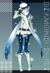 Rule 34 | 1girl, blue eyes, blue hair, fashion, full body, hair over one eye, hat, holding, holding clothes, holding hat, matching hair/eyes, original, pantyhose, scarf, shion (mamuring), shionty, short hair, silver hair, snowflakes, solo, song name, standing, standing on one leg