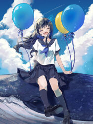 Rule 34 | 1girl, balloon, baracan, highres, original, school uniform, serafuku, sitting, sky, solo, whale