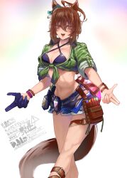 1girl absurdres agnes_tachyon_(lunatic_lab)_(umamusume) agnes_tachyon_(umamusume) ahoge animal_ears bikini black_bikini blue_shorts breasts brown_eyes brown_hair commentary_request criss-cross_halter ear_ornament feet_out_of_frame from_below green_jacket groin hair_between_eyes halterneck highres horse_ears horse_girl horse_tail huge_ahoge jacket micro_shorts midriff navel official_alternate_costume official_alternate_hairstyle open_clothes open_fly open_mouth open_shorts ponytail shaded_face short_ponytail shorts sketch smile solo standing swimsuit tail thigh_strap tied_jacket tonariuta torn_clothes umamusume