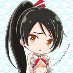 Rule 34 | 1girl, bikini, bikini top only, black hair, blush, breasts, chibi, cleavage, dead or alive, dead or alive xtreme venus vacation, eyeshadow, high ponytail, jewelry, large breasts, long hair, looking at viewer, lowres, makeup, momiji (ninja gaiden), navel, necklace, o-ring bikini top, official art, patterned background, ponytail, standing, swimsuit, tecmo, underboob, upper body, wave print