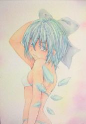 Rule 34 | 1girl, bikini, blue eyes, blue hair, bow, cirno, expressionless, grey background, hair bow, hand on own head, ice, ice wings, looking at viewer, looking to the side, matching hair/eyes, painting (medium), pink background, short hair, shoulder blades, solo, swimsuit, touhou, traditional media, upper body, watercolor (medium), white bikini, wings, yuyu (00365676)